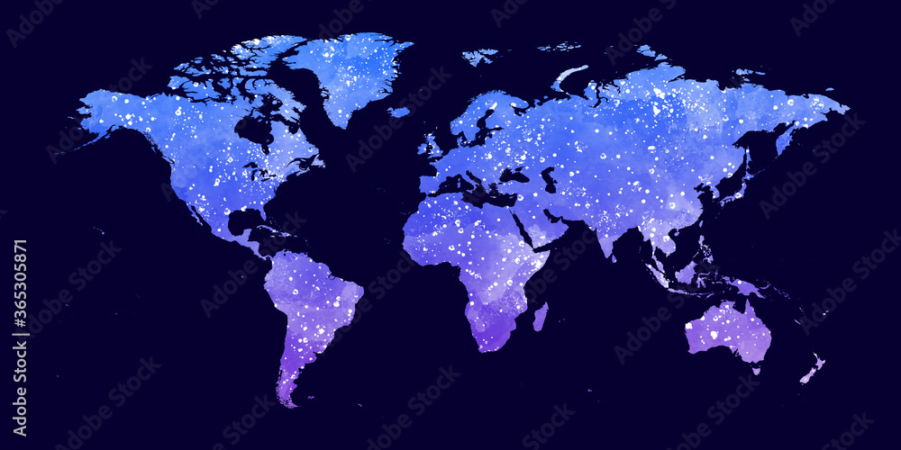 Watercolor art of night world map on dark blue background illustration