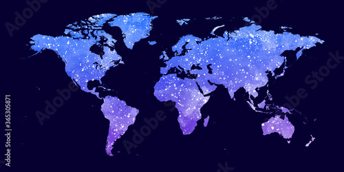 Watercolor art of night world map on dark blue background illustration