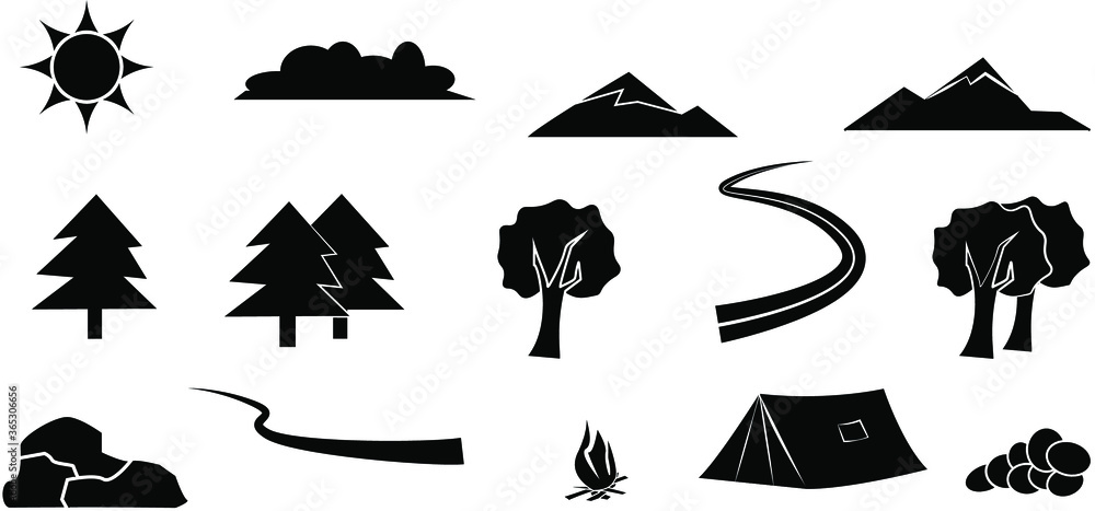 Obraz premium Travel Event. Camping vector logo template for your design. Tourist tent, forest, camp, trees,