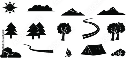 Travel Event. Camping vector logo template for your design. Tourist tent, forest, camp, trees,