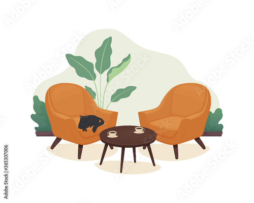 Living room interior design. Couple of orange armchairs with a black cat, coffee table with two cups of coffee with potted plants in the background. Vector
