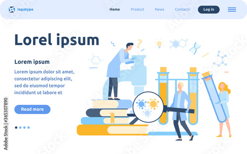 Group of scientists with microscope, chemical tubes and books doing epidemiology research. Chemists studying corona virus tests in medical lab. Can be used for coronavirus pandemic, covid 2019 topics