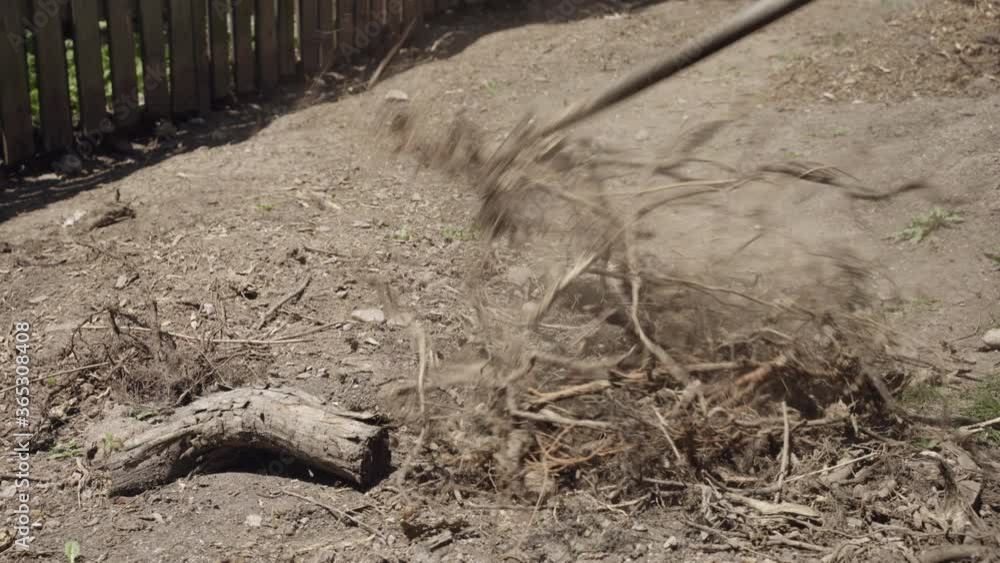 Metal garden rake moving twigs and roots on dirt on a sunny day. Metal garden rake moving twigs and roots on dirt on a sunny day.