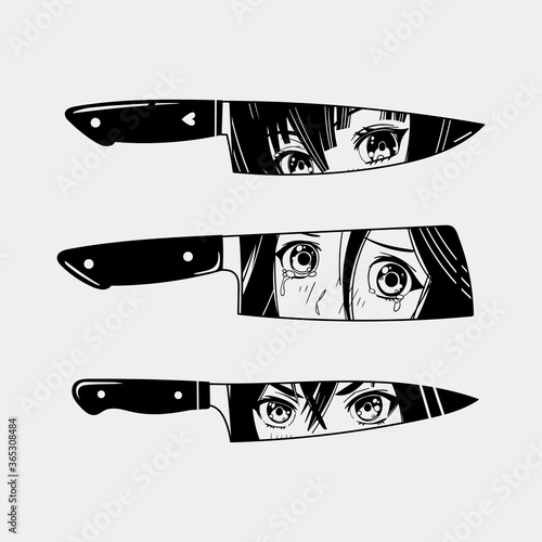 Three various Knives. Blades with Manga anime Eyes. Abstract Hand drawn Vector trendy illustration. Cool simple design. Minimalistic style. Tattoo or print idea. Every knife is isolated