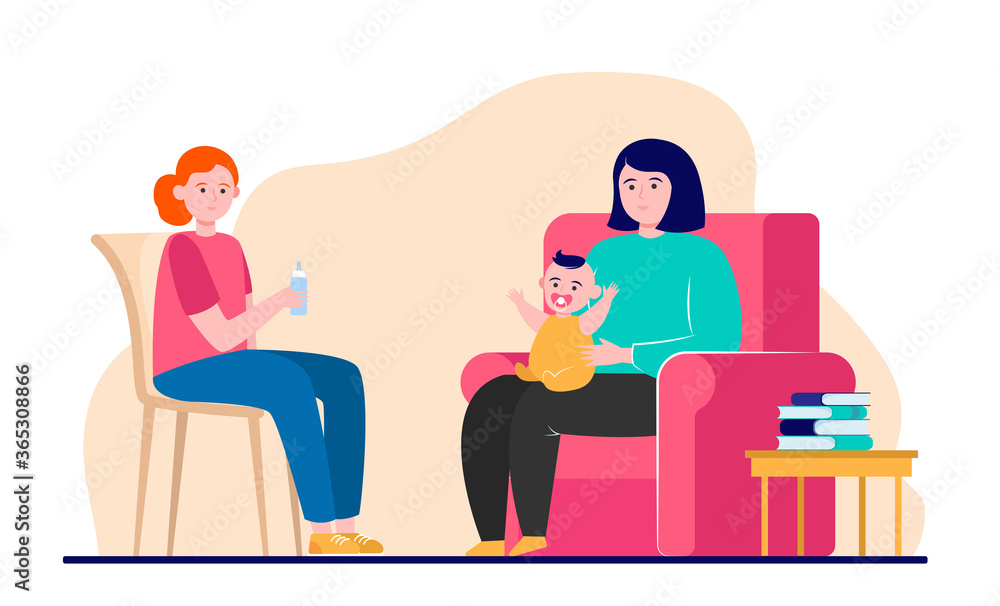 Happy mother sitting on armchair with infant. Help, mom, baby flat vector illustration. Family and parenthood concept for banner, website design or landing web page