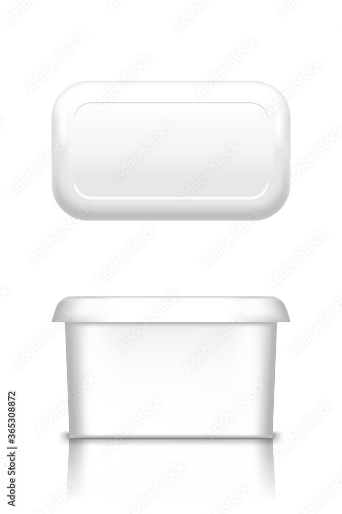 White butter, soft cheese or margarine container with lid mockup - front and top view. Blank plastic food package: cream, yogurt, dessert, spread. Product template. Isolated 3d vector illustration White butter, soft cheese or margarine container with lid mockup - front and top view. Blank plastic food package: cream, yogurt, dessert, spread. Product template. Isolated 3d vector illustration