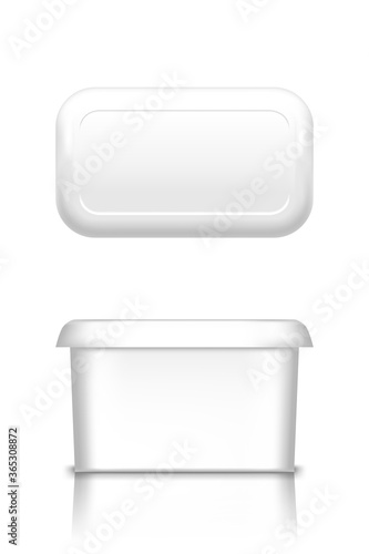 White butter, soft cheese or margarine container with lid mockup - front and top view. Blank plastic food package: cream, yogurt, dessert, spread. Product template. Isolated 3d vector illustration