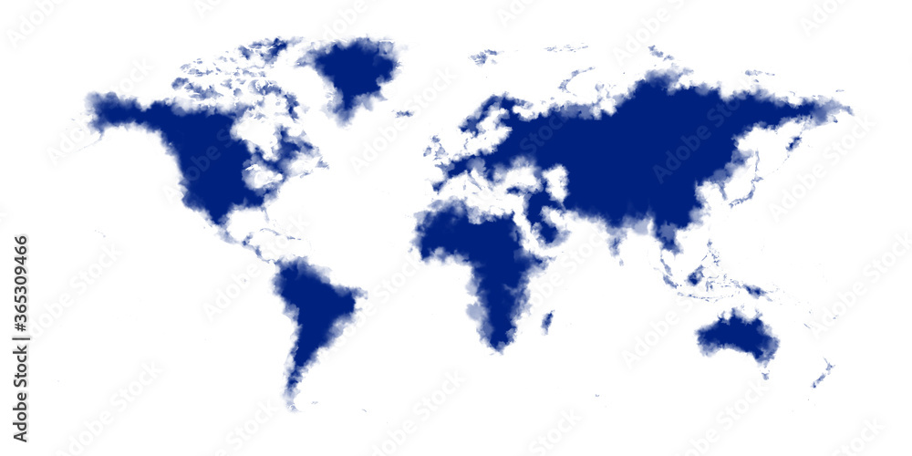 Watercolor art blue world map isolated on white background illustration