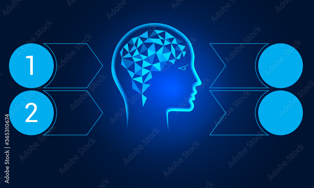 Human head, polygonal brain. Blue background. Template for conceptual infographics on 2 positions. Human head, polygonal brain. Blue background. Template for conceptual infographics on 2 positions.