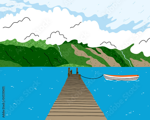 Beautiful lake landscape with wooden bridge, boat and green hill fjords, vector illustration