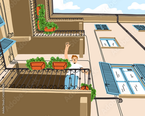 Boy says hello, wave hand from a balcony, stay home, vector illustration