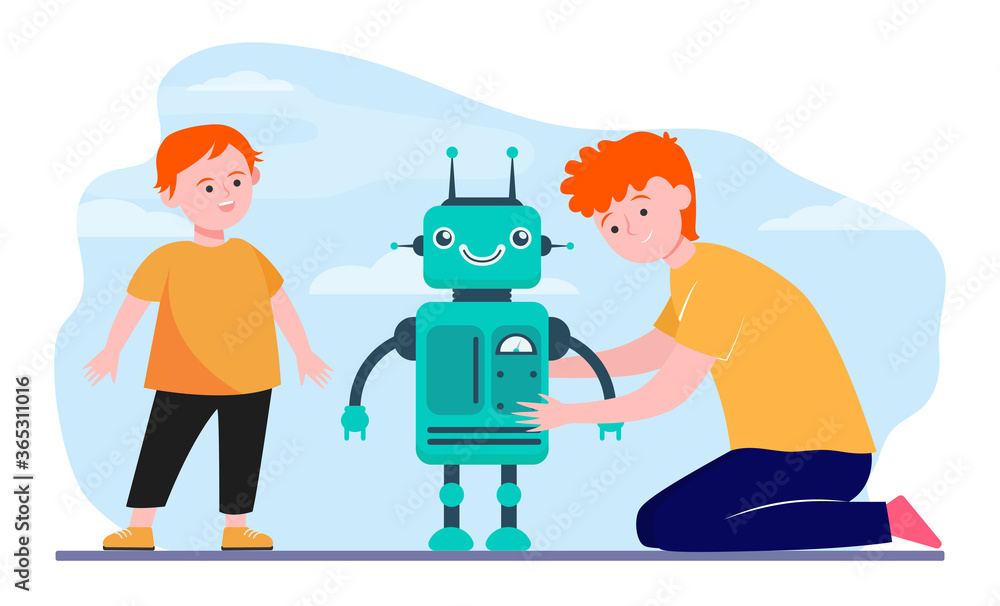 Happy father and son playing with robot. Robotics, boy, computer flat vector illustration. Family and childhood concept for banner, website design or landing web page