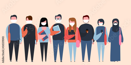 set of illustrations of college students with mask, college student with a white mask, carry books,bags, go to campus