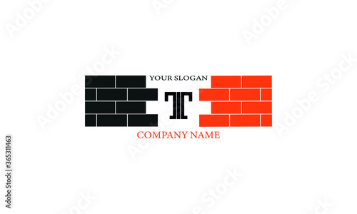 Construction logo design with letter T. Vector icon of brickwork. Monogram for construction organization, shop, office