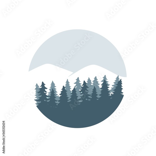 Vector mountains and forest landscape at the beginning of daylight. Beautiful geometric illustration.