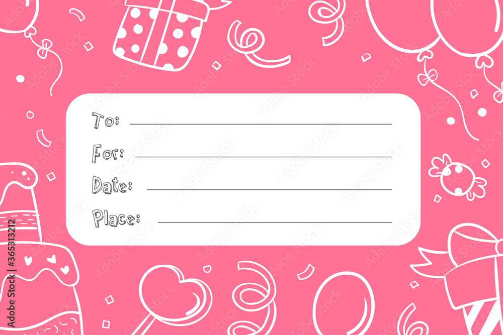 Birthday invitation card to write name, date and place pink