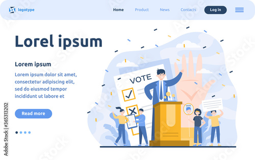 Election and political campaign. Politician speaker, candidate, voting citizens, ballot paper. Flat vector illustration for democracy, society, referendum concepts