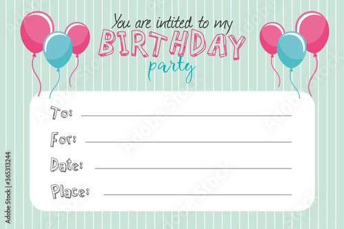 Birthday invitation card to write name, date and place green with stripes