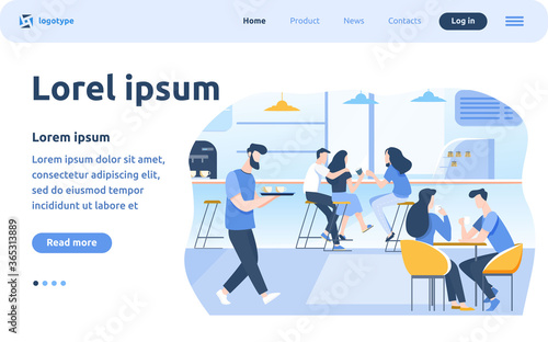 Coffee shop interior vector illustration. Young men and women drinking coffee at tables or counter. Modern cafe image for canteen or catering concept