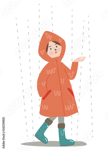 雨に打たれてビショビショになるカッパを来た女性