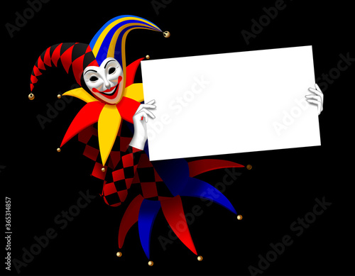 Joker holding a white banner in the hands on a black background. Three Dimensional stylized drawing. Vector illustration