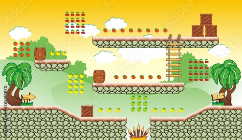 Tile set platform for game, A set of layered vector game asset, contains background, ground tiles and several items, objects, decorations, used for creating mobile games 