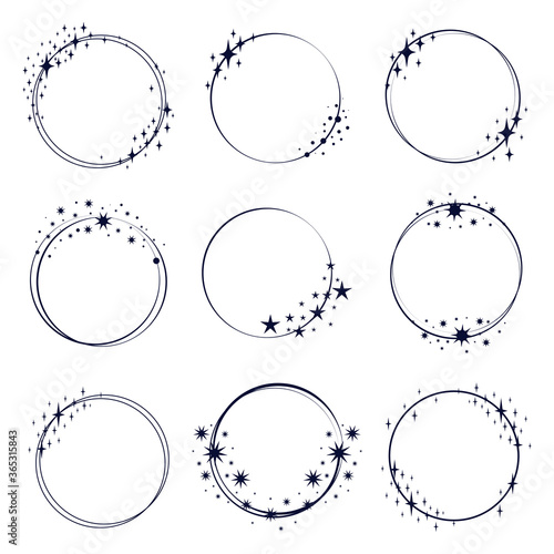 Round starry frames set. Stardust circles, circular borders with stars, planet shaped ornament elements in cosmic style. Can be used for birthday or anniversary concept, party invitation cards design