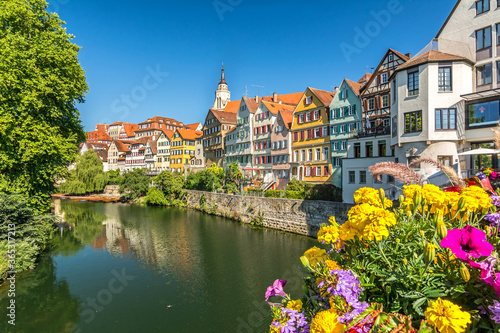 Picturesque old town of the German city of Tübingen with scenic historic houses and colourful flowers on a sunny day in summer