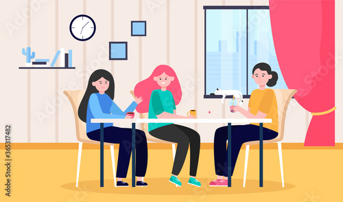 Smiling young girls sitting at table and drinking coffee. Cat, friend, tea flat vector illustration. Staying at home and friendship concept for banner, website design or landing web page