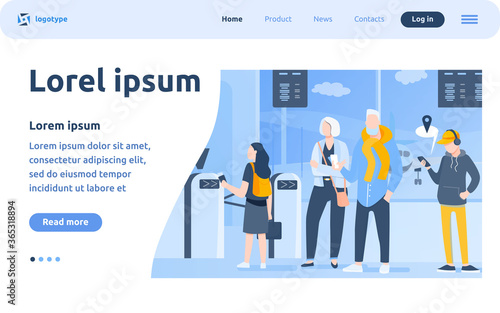 Group of passengers standing in queue to counter vector illustration. Departures board and airline transportation concept. Travelers waiting in line for plane