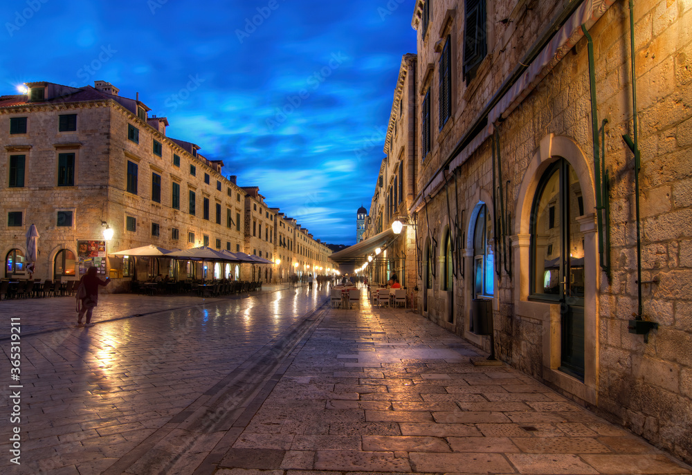 Croatian nightscape, captivating street view in Dubrovnik under the blue sky