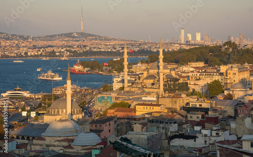 Istanbul in late afternoon sun taken from close to Suleymaniye mosque. Looking towards Sultanahmet it shows Rustem Pasa   Yeni mosques  foreground   Topkapi Palace  hill on right   Uskudar  background
