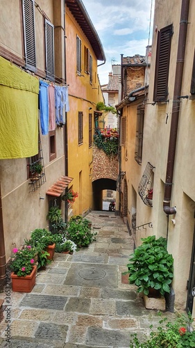 Fototapeta Naklejka Na Ścianę i Meble -  alley, ancient, architecture, building, city, decoration, europe, flower, flowers, heritage, historic, house, italia, italian, italy, landmark, medieval, montepulciano, nobody, old, outdoor, plant, po