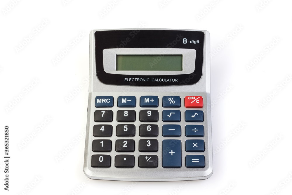 Silver calculator isolated on a white background. Silver-black calculator on a white background. Silver calculator isolated on a white background. Silver-black calculator on a white background.