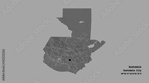 Totonicapán, department of Guatemala, with its capital, localized, outlined and zoomed with informative overlays on a bilevel map in the Stereographic projection. Animation 3D photo