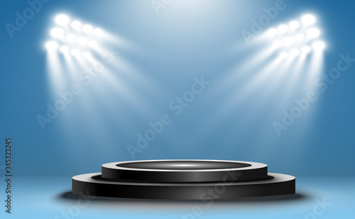 Stadium floodlights brightly illuminate evening or night sports games, concerts, shows, events. Isolated on a transparent background. Arenas of bright spotlights. Bright lights. Illuminated scene.