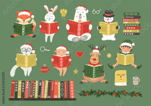 Christmas animals reading books. Set from cute fantasy hand-drawn elf, snowman and animals: cat, hare, fox, rabbit, pig, bear and deer. Children holiday's education illustration.