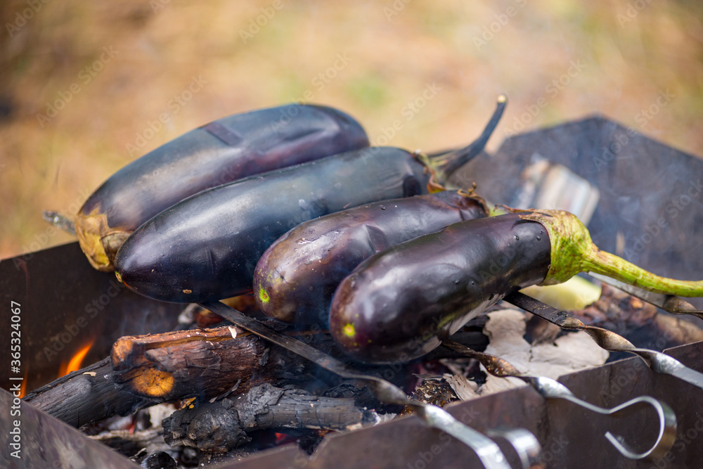 Obraz premium Eggplants being cooked on a fireplace BBQ grill at the camping site. Vegetarian BBQ concept.