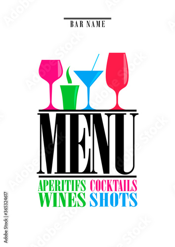 Drinks menu, cocktails, aperitifs wines, shots. Menu on white background. Vector illustration