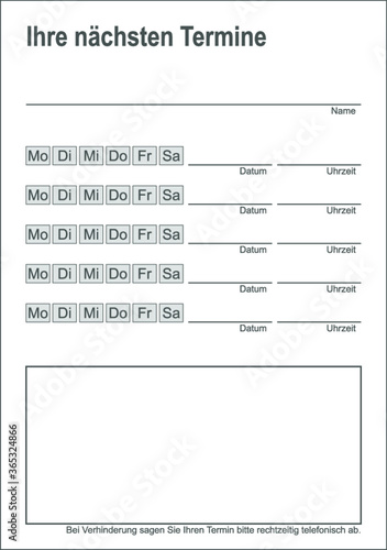 Vorlage Terminblock / Terminzettel / Bestellkarte - Arzt, Physiotherapie, Friseur, Kosmetik - einfach weiß - DIN A7 Hochformat