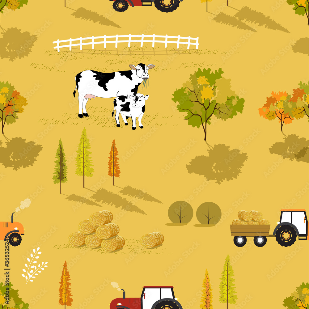 Autumn seamless pattern with farm fields, cow, tractor pine tree and ...
