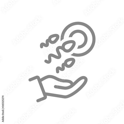 Egg and sperm on hand line icon. Parenthood healthcare, medical treatment, new embryo symbol
