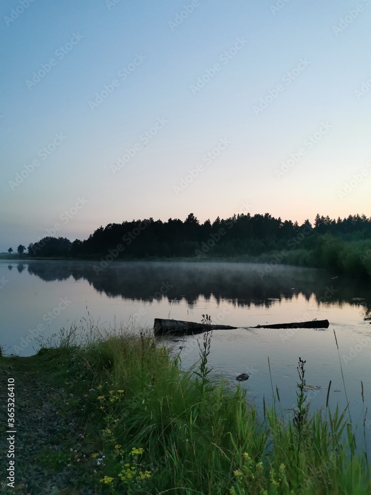 Foggy dawn on river. Landscape with forest, sky, grass and reflection in water