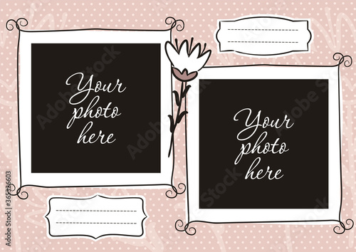 Cute photo book with flower. Pink page for a photo album. Template for the design of frames for photographs, posters, cards, stickers. Vector illustration.