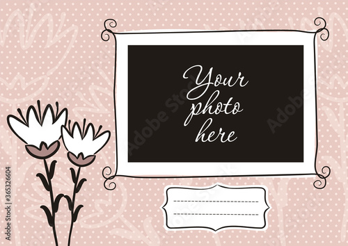 Cute photo book with flower. Pink page for a photo album. Template for the design of frames for photographs, posters, cards, stickers. Vector illustration.