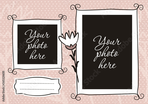 Cute photo book with flower. Pink page for a photo album. Template for the design of frames for photographs, posters, cards, stickers. Vector illustration.