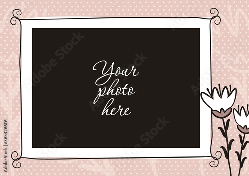 Cute photo book with flower. Pink page for a photo album. Template for the design of frames for photographs, posters, cards, stickers. Vector illustration.