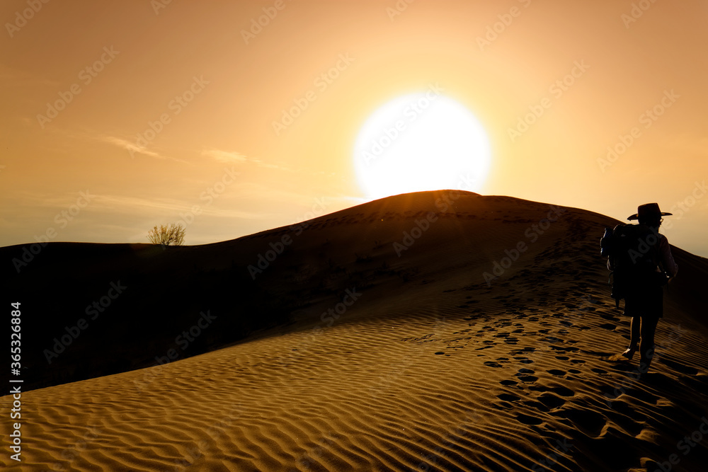 sunset over the sand dunes in the Gobi Desert in Inner Mongolia, China. sandy desert with blue sky and apparent sun, few clouds, extraordinary travel scene. majority color orange / yellow, orange sky