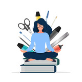 A girl with glasses sits on a stack of books. Stationery, leather sheaths, pens, pencils, markers, ruler. Concept for the start of the school season. Vector.