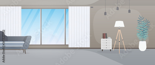 Empty office with a large panoramic window. Good for business design. Vector.
